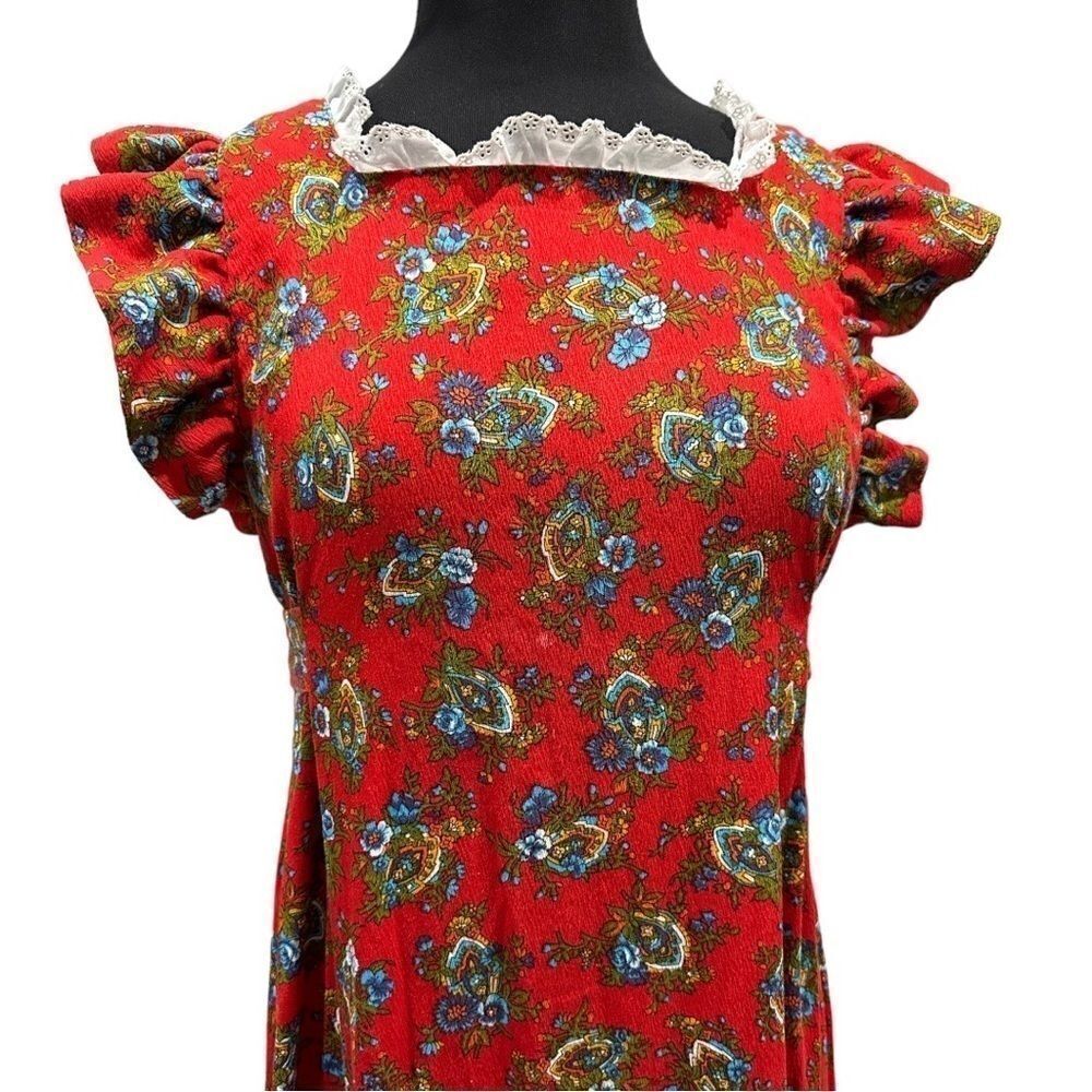 Vintage 1970s Handmade Floral Lace Prairie Maxi Dress Red Ruffle Sleeve Sz S - Picture 4 of 13